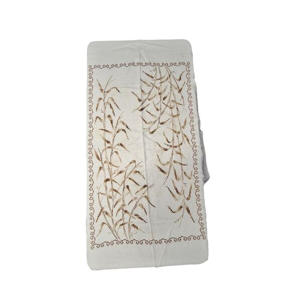 Vintage Wheat Crosstitch Tablecloth Linen Brown Fall 68 x 40 - Picture 4 of 8